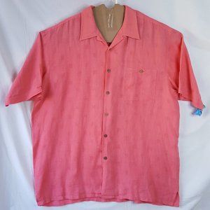 Genelli Linen Jacquard Button Up Short Sleeve Shirt Men's Size XL Coral Pink